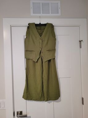 Sleeveless Olive Green Linen-Blend Jumpsuit with Button Vest